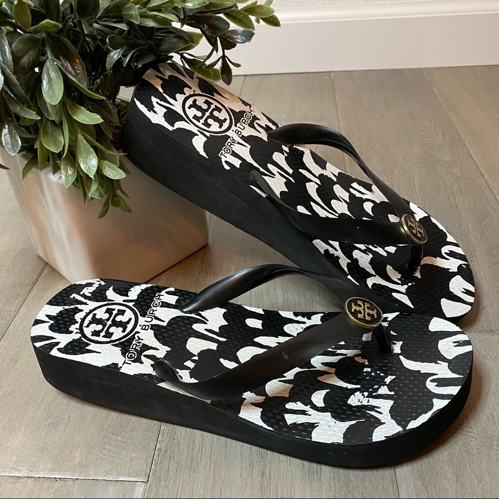 Tory Burch Wedge Flip Flops Black White